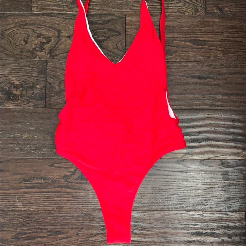 Red high leg low back bikini